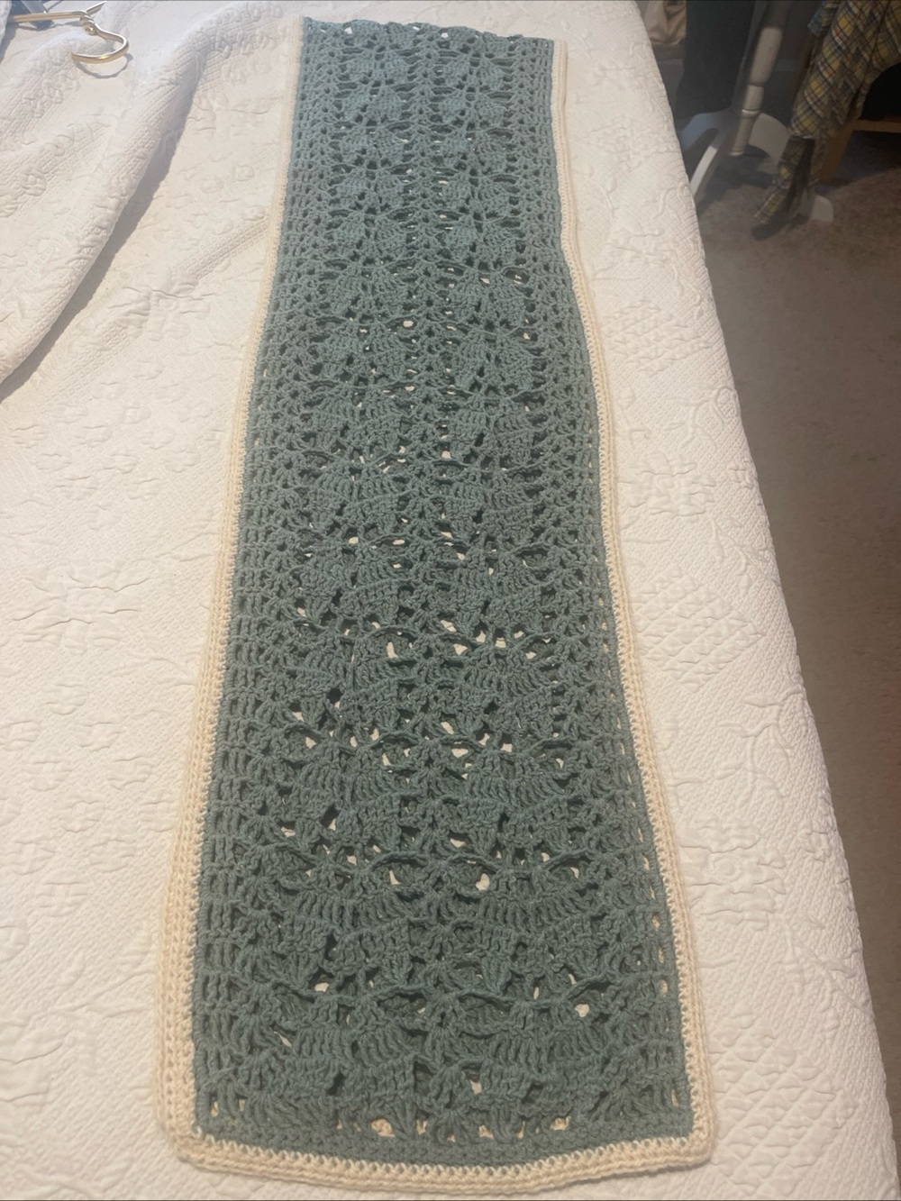 Handmade Crocheted neck scarf in Sage Green with Cream Trim 80” long 11” wide